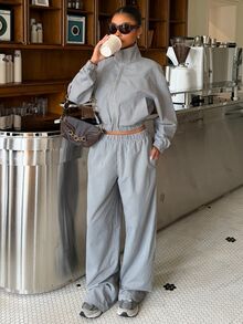 Muchica Damen Neues Herbst Lässig Karo Stehkragen Jacke und Hose Set zum Ausgehen, Streetwear, Y2K, Herbst Winter 2026 - Grau - Übersicht 4