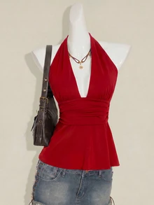 SHEIN ICON 萬聖節女款掛脖露背黑色娃娃裝背心上衣 - 紅色 - 查看 2