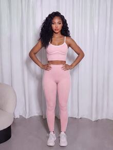 SHEIN Core Rhythm Women's Colorblock Camisole And Leggings Casual Modest Sporty Daily Sports Set Workout Gym Pink And White Summer - Pink - View 4