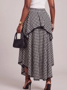 Slaydiva Rok Panjang Asimetris Berlapis Ganda Motif Houndstooth Hitam Putih untuk Kencan Harian, Ukuran Plus - Hitam dan Putih - View 3