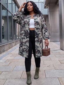 Slaydiva Plus Size Autumn Casual Cowgirl Camouflage Print Jacket Fall Travel Office Olive Green - Green - View 3