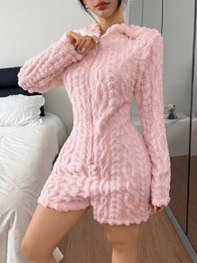Napfluff Women's Animal-Shaped Hooded Bow Jacquard Velvet One-Piece Pajamas - Pink - View 4