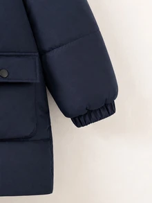 Boys Casual Letter Print Raglan Sleeve Navy Blue Mid-Length Hooded Detachable Fur Collar Thermal Lined Jacket, Winter Tops - Blue - View 6
