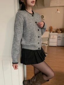 DAZY 女款拼色長袖秋冬韓風開襟羊毛衫 - 灰色 - 查看 6