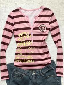 IslaSuriya Striped Letter Print Button Half Placket Long Sleeve Top - Pink - View 1