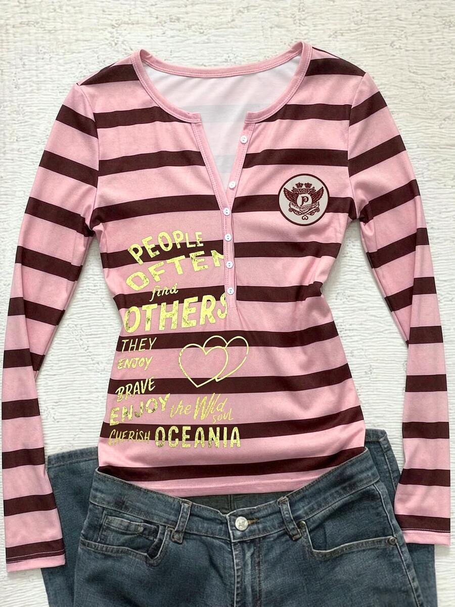 IslaSuriya Striped Letter Print Button Half Placket Long Sleeve Top - Pink - View 1