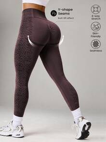 SHEIN BamGlam Coffee Brown Leopard Print Seamless Yoga, Running, Sports Leggings - Coffee Brown - View 4