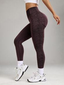 SHEIN BamGlam Coffee Brown Leopard Print Seamless Yoga, Running, Sports Leggings - Coffee Brown - View 6