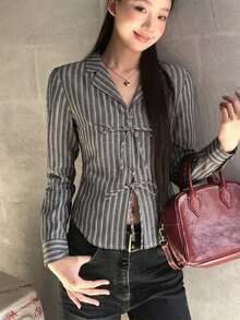 Strévra 女款條紋休閒百搭日常穿著襯衫 秋季 - 黑與白 - 查看 1