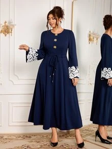 Modelyn Elegant Solid Color Knit Round Neck Long Sleeve Contrast Cuff Lace Trim Cinched Waist A-Line Regular Fit Plus Size Dress For Spring And Autumn - Navy Blue - View 6