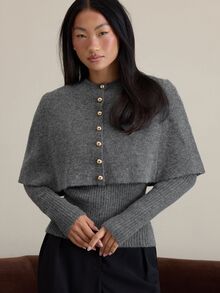 COSMINA Setelan Sweater Lengan Jubah Abu-abu Wanita, Dua Potongan Pakaian Rajut dengan Kancing Logam - Grey - View 4