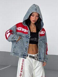 StreetHx Women's Patchwork Embroidered Button Long Sleeve Hooded Denim Jacket - Blue - View 7