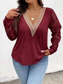 SHEIN Frenchy 大尺碼秋季休閒提花拼接T恤 - 紅色 - 查看 4