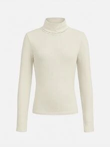 Tween Girls Autumn/Winter White Knitted High Neck Casual Slim Fit Ribbed Textured Base Layer Top, Versatile Simple T-Shirt - White - View 2