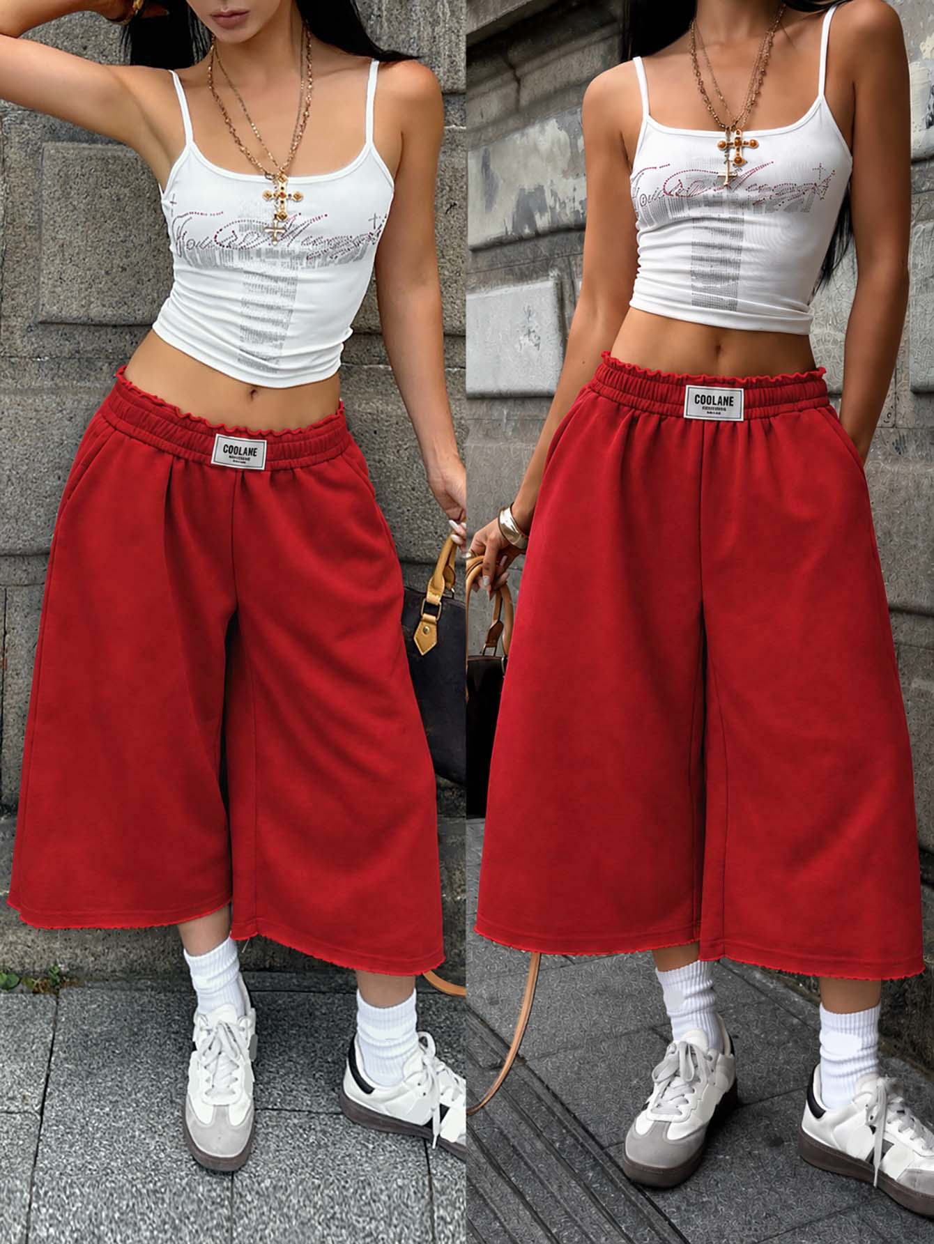 Coolane Women Summer Spring Streetwear Vintage Washed Distressed, Comfortable Denim Effect Black Shorts - Red - View 1
