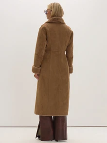 MUSEYN Beige Faux Fur Suede Maxi Coat Cosy Versatile Everyday Casual Fall - Khaki - View 4