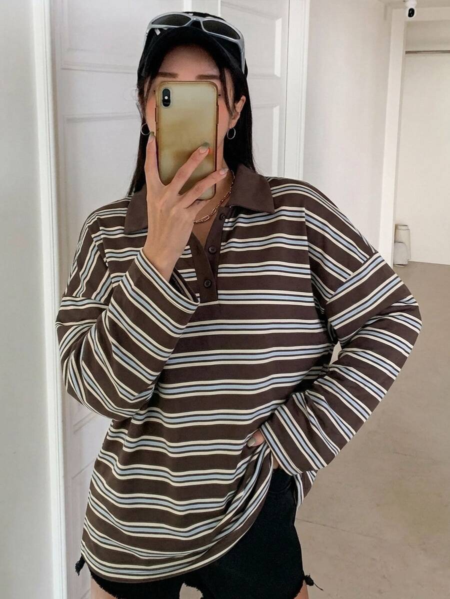 DAZY 女款條紋拼色休閒日常長袖T恤 - 白色 - 查看 1
