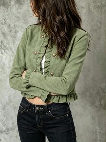 SHEIN Franclia 秋季荷葉領雙排扣金屬鈕扣長袖夾克，適合日常穿著、約會與旅行 - 軍綠色 - 查看 6