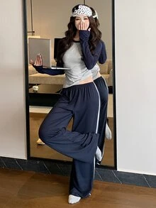 DAZY Set Pakaian Santai Kasual Sehari-hari untuk Wanita: Atasan Lengan Panjang dan Celana dengan Motif Blok Warna - Navy Blue - View 6