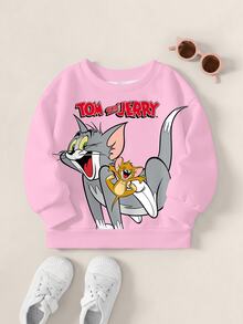 TOM & JERRY X SHEIN Young Girl Cartoon Print Crew Neck Fleece Sweatshirt - White - View 1