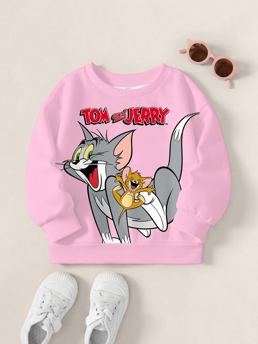 TOM & JERRY X SHEIN Young Girl Cartoon Print Crew Neck Fleece Sweatshirt - White - View 1