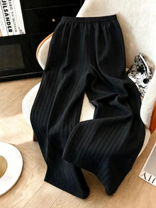 SHEIN Clasi بنطلون طويل واسع الساق مطوي كاجوال بمقاسات كبيرة، متعدد الاستخدامات للخروجات والتنقل والمواعدة والمكتب - الأسود - مشاهدة 2