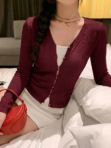 DAZY 女款彩虹條紋修身腰長袖V領休閒度假夏季薄針織開襟衫 Y2K 冬季 - 棕色 - 查看 5