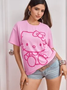HELLO KITTY AND FRIENDS | SHEIN Women's Cartoon Print Casual Daily Short Sleeve T-Shirt - Pink - View 7