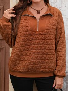 EMERY ROSE Plus Size Women's Solid Color Casual Daily Long Sleeve Zip-Up Sweatshirt,Autumn/Winter,Going Out,Winter,Business,Everyday Wear - Brown - View 7