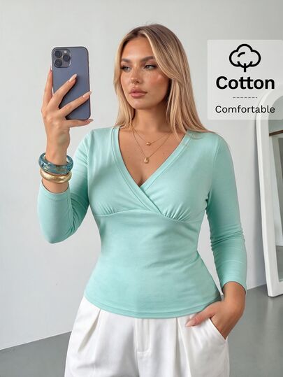 Auralis Early Autumn Deep V-Neck Back To School Season Mid-Sleeve Fitted Blue-Green Plus Size Elegant T-Shirt/Modern Commute Casual Daily Going Out T-Shirt