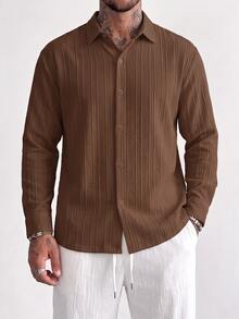 TONEVAULT Men's Solid Color Casual Versatile Long Sleeve Shirt For Daily Wear - Coffee Brown - View 3