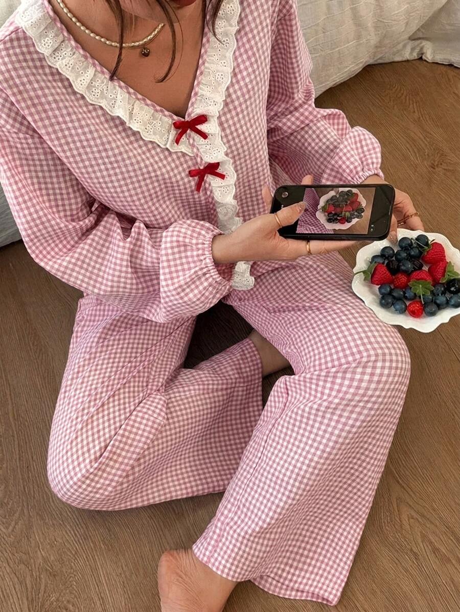 DAZY Women's Frill Trim Bow Decor Plaid Top And Pants Pajama Set - Pink - View 1