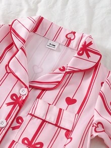SHEIN 女嬰甜美優雅仙氣休閒舒適軟織仿絲綢緞面粉色蝴蝶結條紋開襟衫睡衣套裝 2件組居家聖誕睡衣 - 彩色 - 查看 5