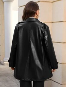 EMERY ROSE Plus Size Women's Elegant Black PU Jacket With Button Decor, Autumn/Winter - Black - View 3