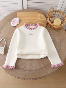 SHEIN Young Girl Sweet Embroidery Ruffle Trim Sweater Autumn Winter - Beige - View 3