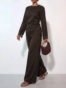 Zivah Women's Solid Color Contrast Lace Blouse And Wide Leg Pants Elegant 2 Pieces Set - Brown - View 3