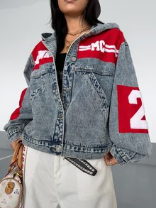 StreetHx Women's Patchwork Embroidered Button Long Sleeve Hooded Denim Jacket - Blue - View 5