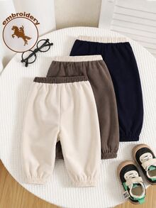 SHEIN 男嬰秋冬加厚拼色三件套百搭小馬刺繡長褲套裝 - 彩色 - 查看 2