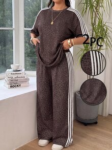 SHEIN EZwear 女款大尺碼街頭風豹紋長袖T恤與條紋拼色寬鬆長褲套裝 - 巧克力棕 - 查看 1