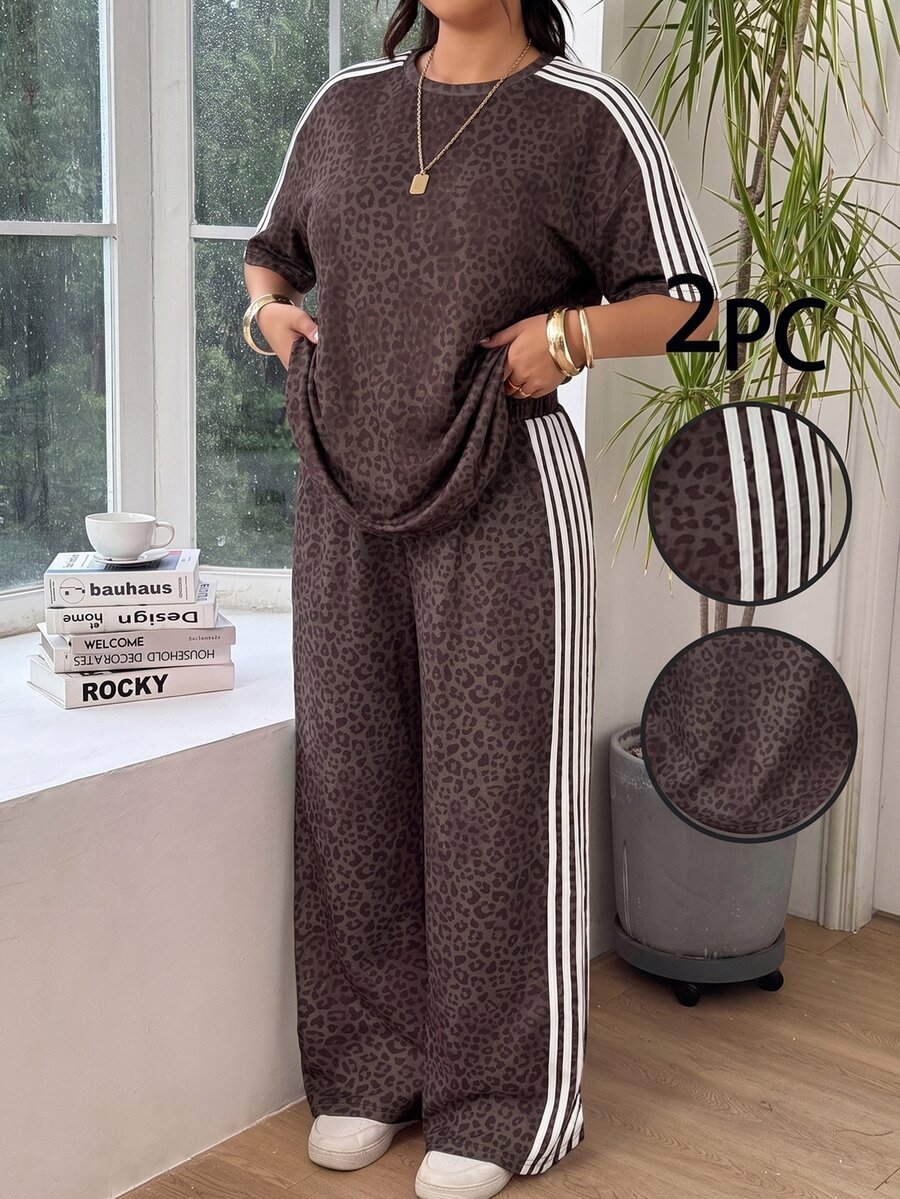 SHEIN EZwear 女款大尺碼街頭風豹紋長袖T恤與條紋拼色寬鬆長褲套裝 - 巧克力棕 - 查看 1