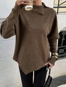 DAZY Women's Asymmetric Folded High Neck Long Sleeve Solid Color Side Slit Hem Loose Casual Commute Coffee Brown Knit Top T-Shirt, Autumn/Winter - Brown - View 4