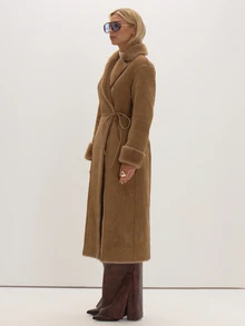 MUSEYN Beige Faux Fur Suede Maxi Coat Cosy Versatile Everyday Casual Fall - Khaki - View 3