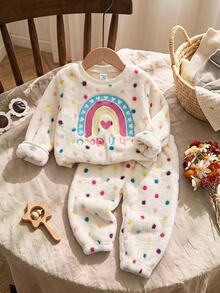 SHEIN 女嬰女寶寶可愛波點毛絨刺繡家居服套裝 秋冬款 - 白色 - 查看 1