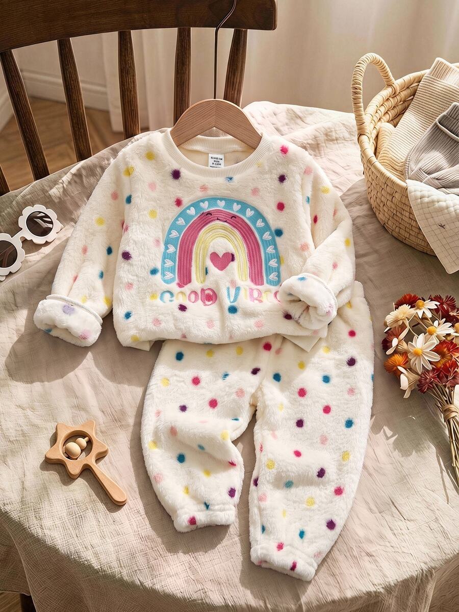 SHEIN 女嬰女寶寶可愛波點毛絨刺繡家居服套裝 秋冬款 - 白色 - 查看 1