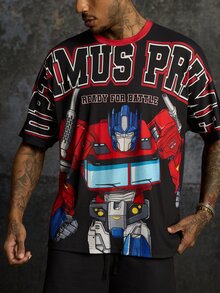 Transformers X SHEIN Men's Letter Print Short Sleeve T-Shirt And Shorts Set Evergreen - Black - View 6