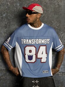 Transformers X SHEIN تي شيرت رجالي كاجوال يومي بأكمام قصيرة مطبوع عليه حروف وأرقام - ازرق ضبابي - مشاهدة 3