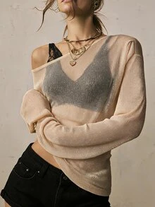 Freevana Women's Asymmetric Shoulder Fitted Fashion Party Night Club Night Out Going Out Club Long Sleeve T-Shirt Apricot Fall Sexy - Apricot - View 1