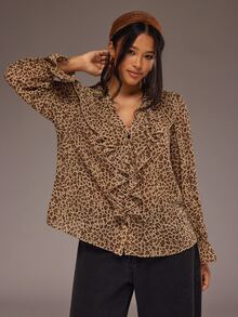 Freevana Plus Size Women's Chiffon Printed Long Sleeve Blouse, Leopard Print Ruffle Blouse - Multicolor - View 4