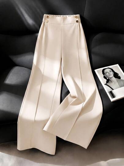 SHEIN Teen Girl Solid Color Waist Button Design Wide Leg Loose Long Pants Formal Work Formal White Fall Cute Cute Junior Low Rise