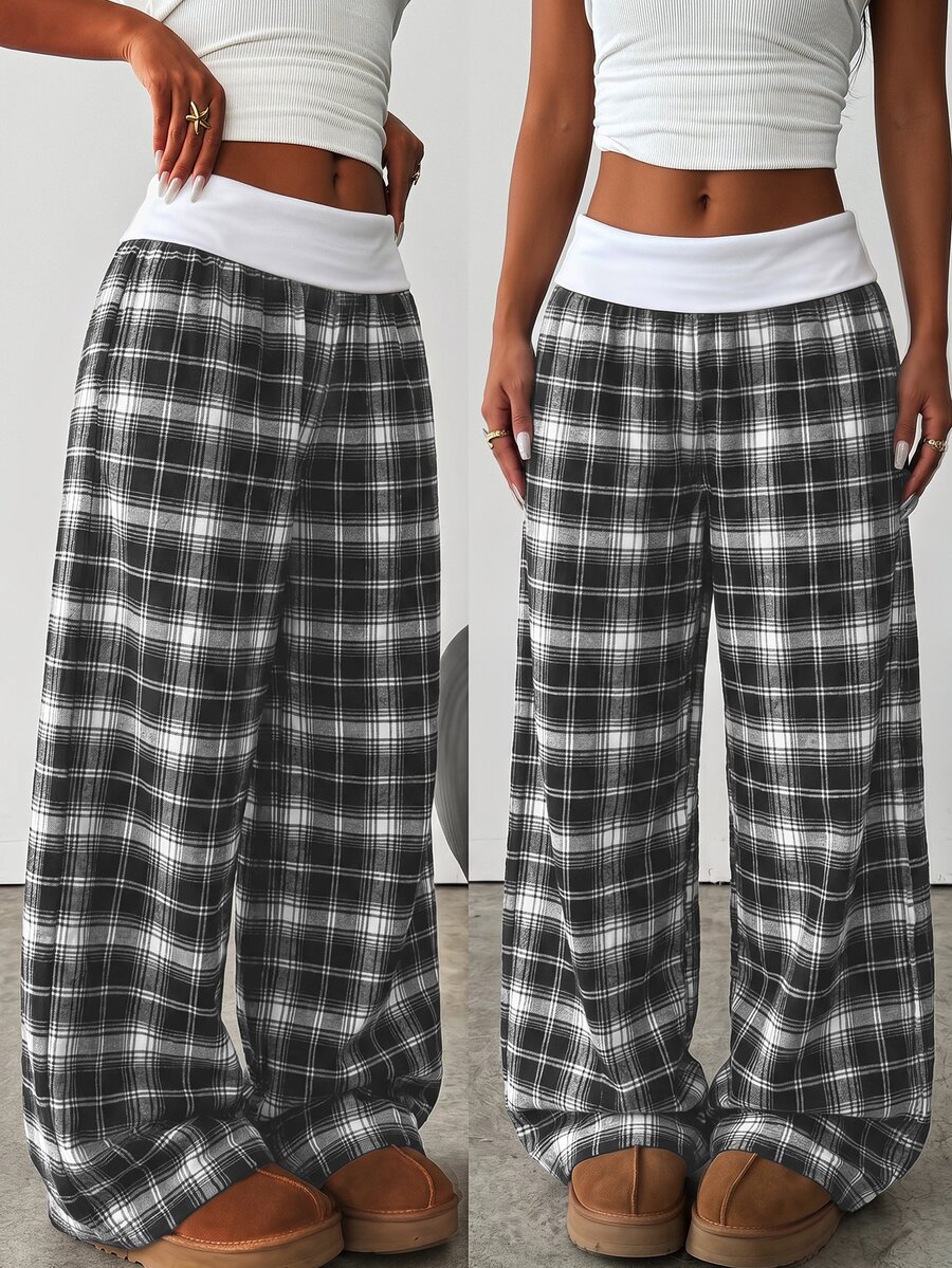 Teen Girl Plaid Wide Leg Loose Casual Long Pants - Black - View 1